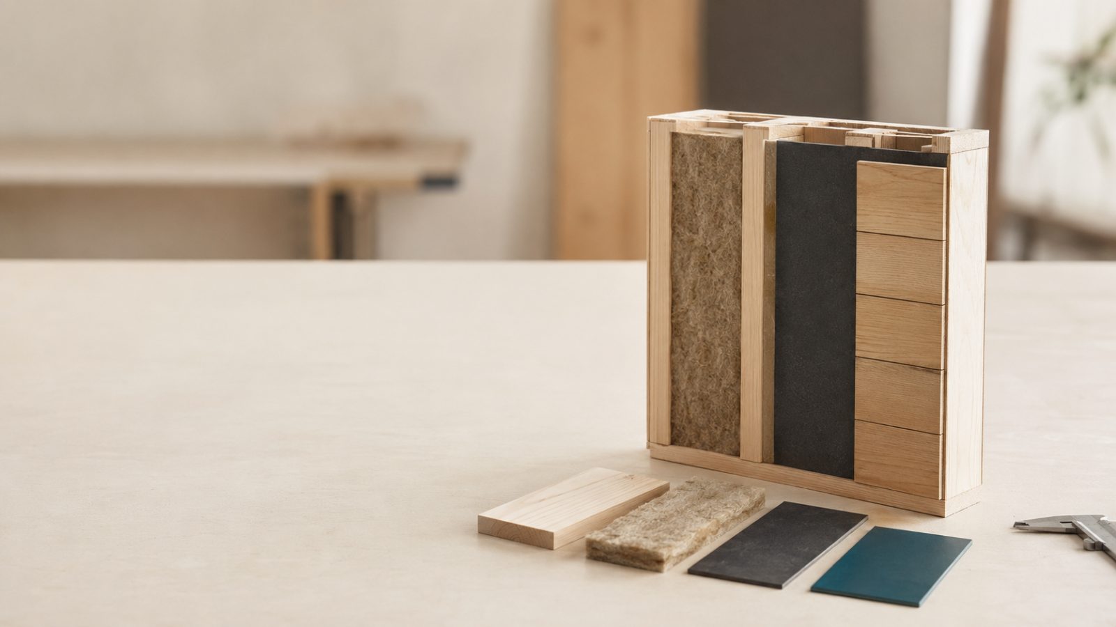 Koncepcyjny model prefabrykowanego panelu drewnianego i warstw materiałowych